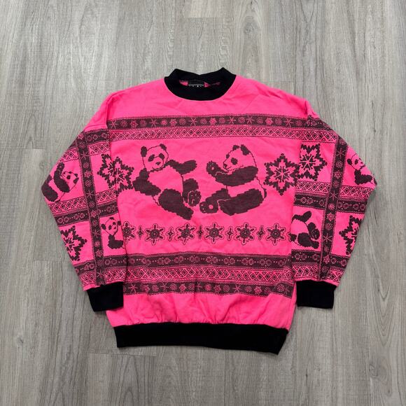 Vintage Panda Bear Sweatshirt Women's Medium Pink Geometric Animals 90s USA - Picture 1 of 7